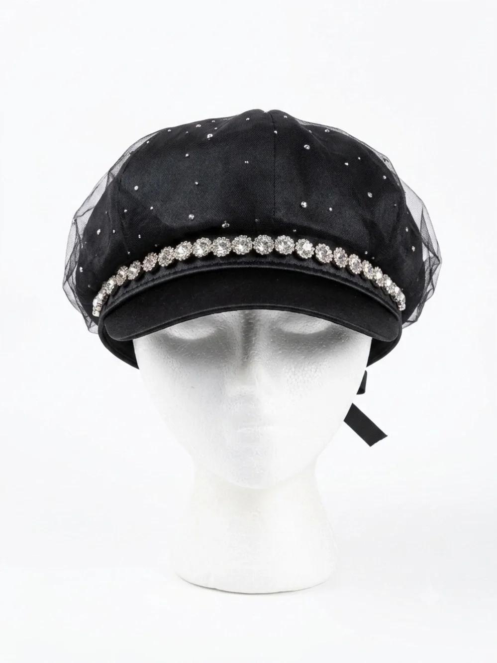 Black Embellished Newsboy Cap with Rhinestone Trim